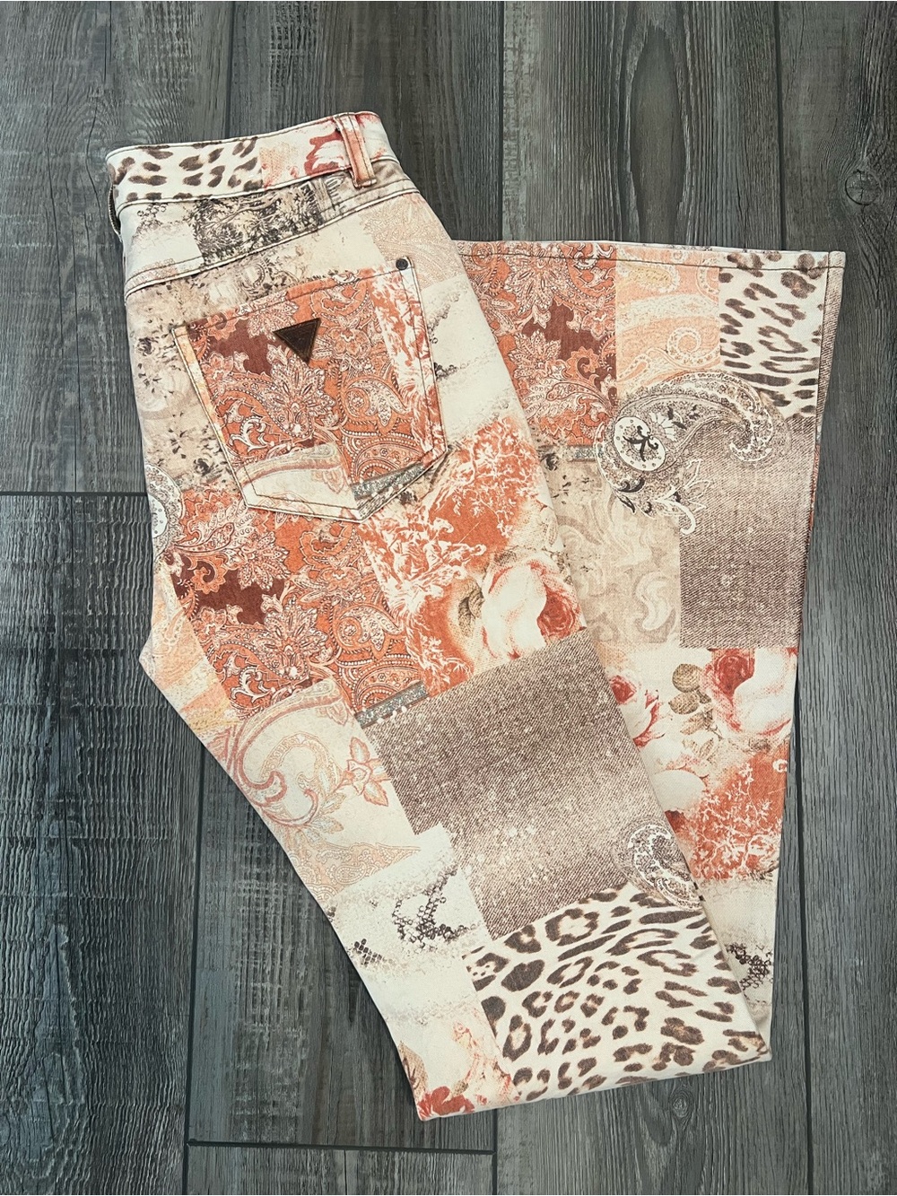 Guess Women’s Patchwork Print Jeans in Coral and Cream